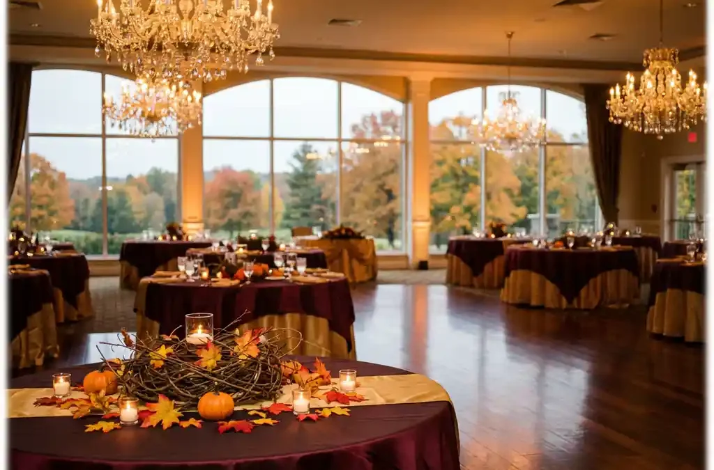 Elegante evenementenlocatie met herfstdecoratie, ronde tafels met pompoenen en esdoornbladeren onder gouden kroonluchters