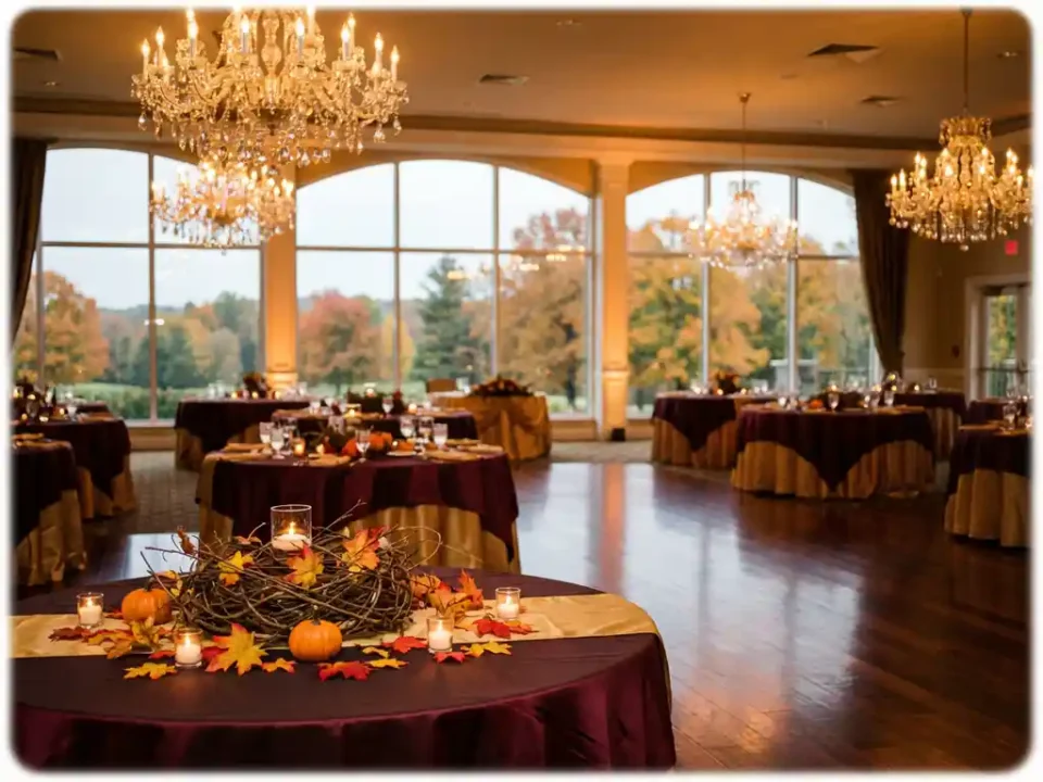 Elegante evenementenlocatie met herfstdecoratie, ronde tafels met pompoenen en esdoornbladeren onder gouden kroonluchters