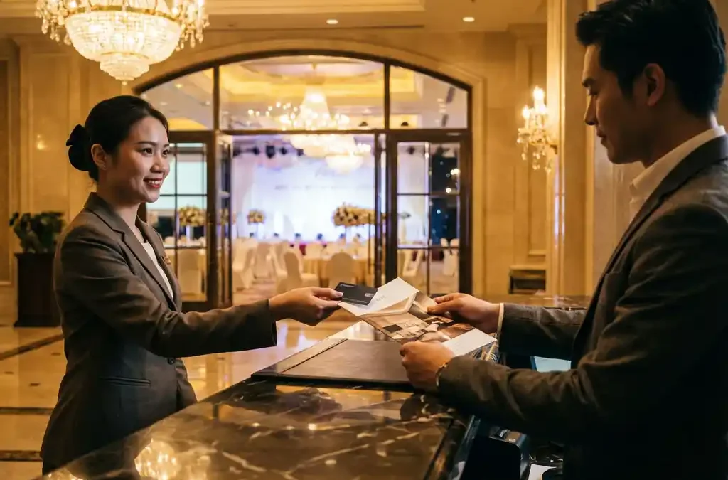 Conciërge overhandigt sleutelkaart en brochure aan gast in luxe hotellobby met elegante evenementenruimte op achtergrond