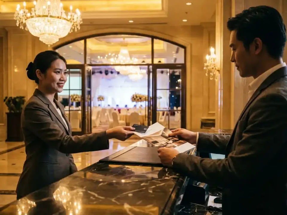Conciërge overhandigt sleutelkaart en brochure aan gast in luxe hotellobby met elegante evenementenruimte op achtergrond