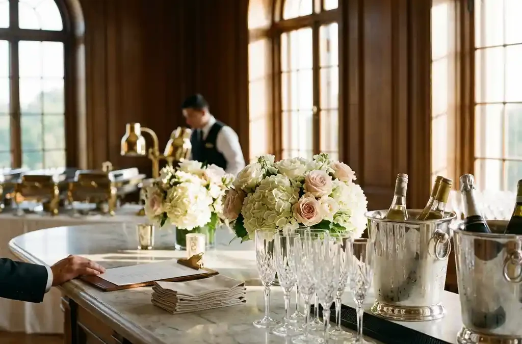 Luxe evenementenlocatie met champagneglazen, bloemstukken en cateringuitrusting op marmeren oppervlak bij raam
