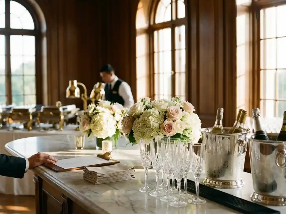Luxe evenementenlocatie met champagneglazen, bloemstukken en cateringuitrusting op marmeren oppervlak bij raam