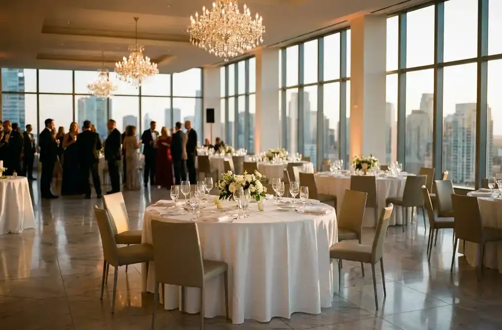 Elegant evenementenlocatie met kristallen kroonluchters, ronde tafels met witte linnen en stadsbeeld bij zonsondergang