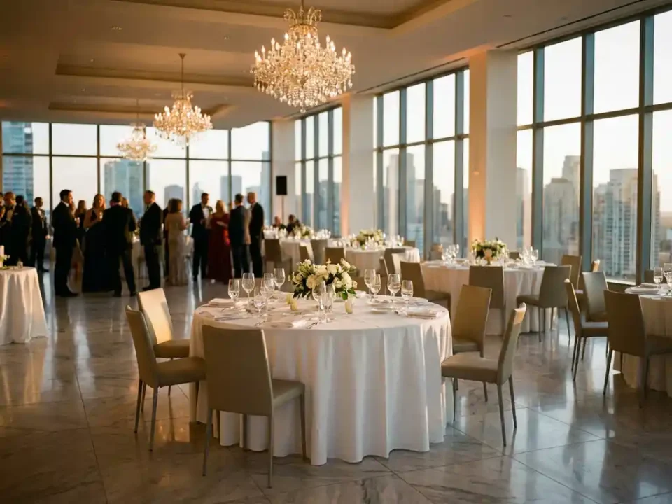 Elegant evenementenlocatie met kristallen kroonluchters, ronde tafels met witte linnen en stadsbeeld bij zonsondergang