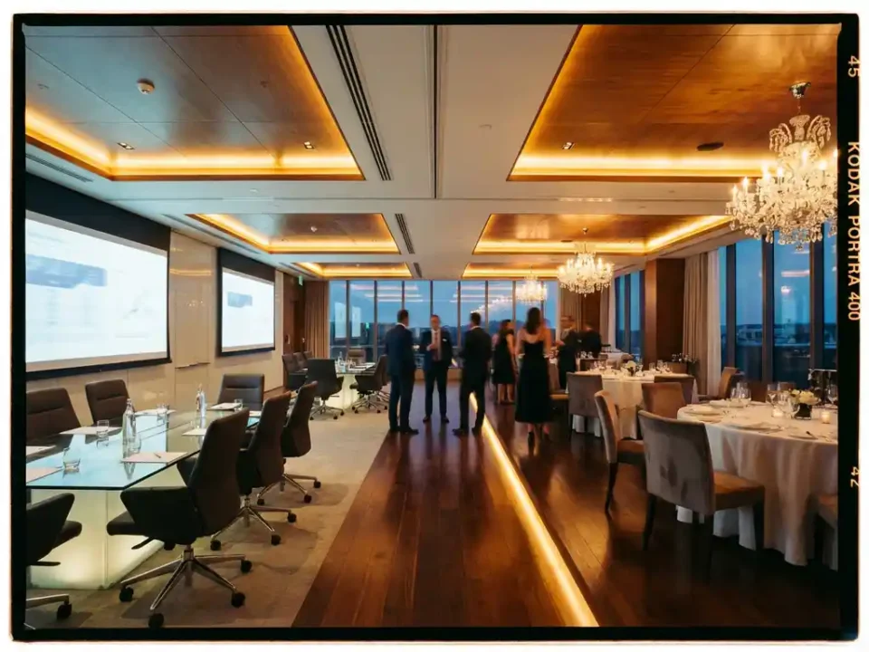 Moderne vergaderruimte met glazen tafels en presentatieschermen die overloopt in elegante feestlocatie met kristallen kroonluchters