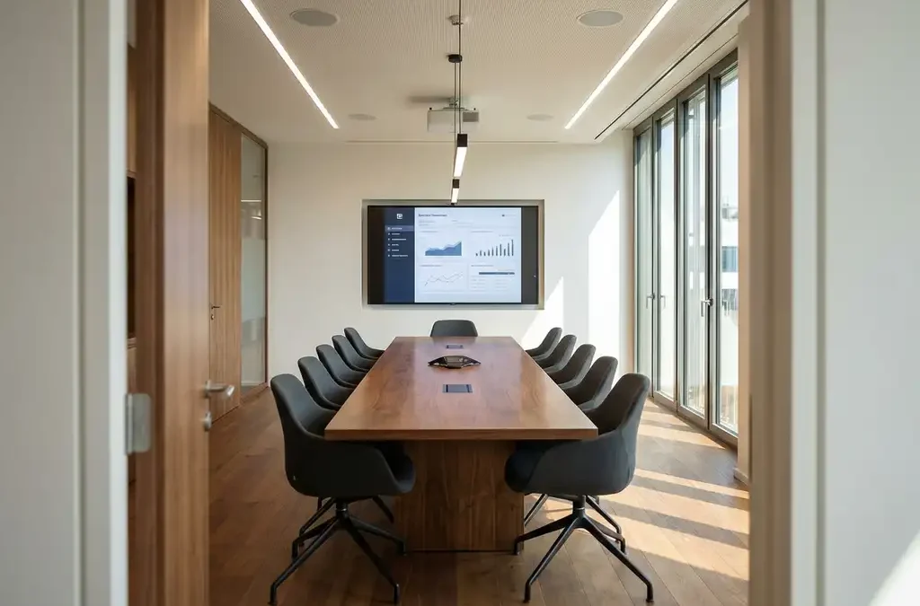 Moderne vergaderzaal met houten tafel, ergonomische stoelen, groot wandscherm en natuurlijk licht door ramen