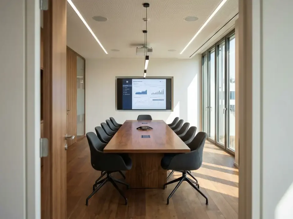 Moderne vergaderzaal met houten tafel, ergonomische stoelen, groot wandscherm en natuurlijk licht door ramen
