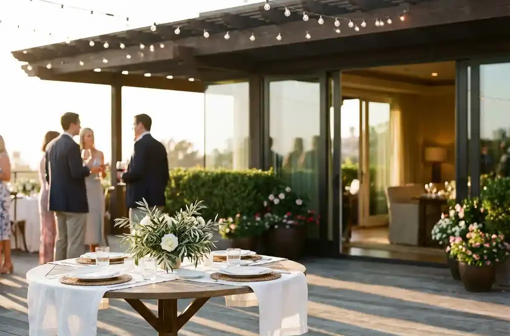 Elegant buitenterras met ronde tafels onder sfeerlichten, gasten mengen tussen overdekt terras en evenementenlocatie