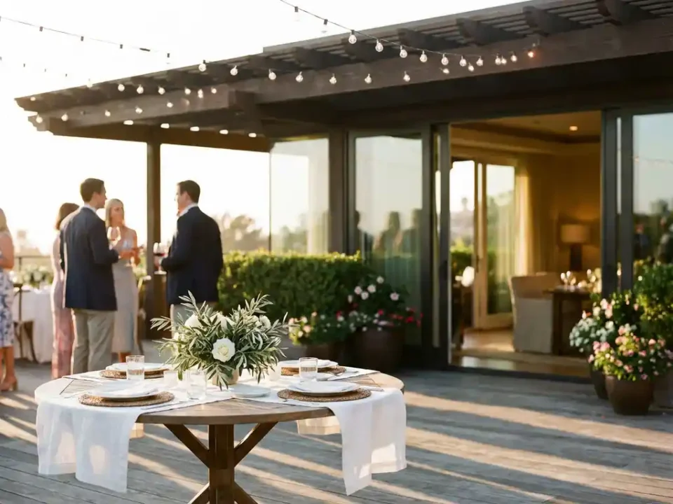 Elegant buitenterras met ronde tafels onder sfeerlichten, gasten mengen tussen overdekt terras en evenementenlocatie
