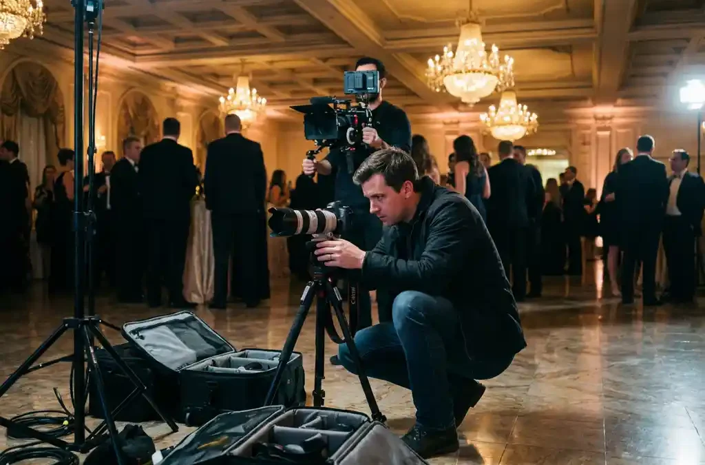 Professionele fotograaf past DSLR camera aan op statief in elegante evenementenlocatie met kroonluchters