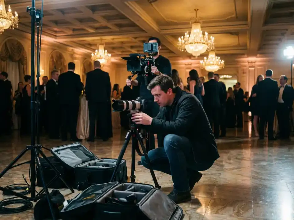 Professionele fotograaf past DSLR camera aan op statief in elegante evenementenlocatie met kroonluchters