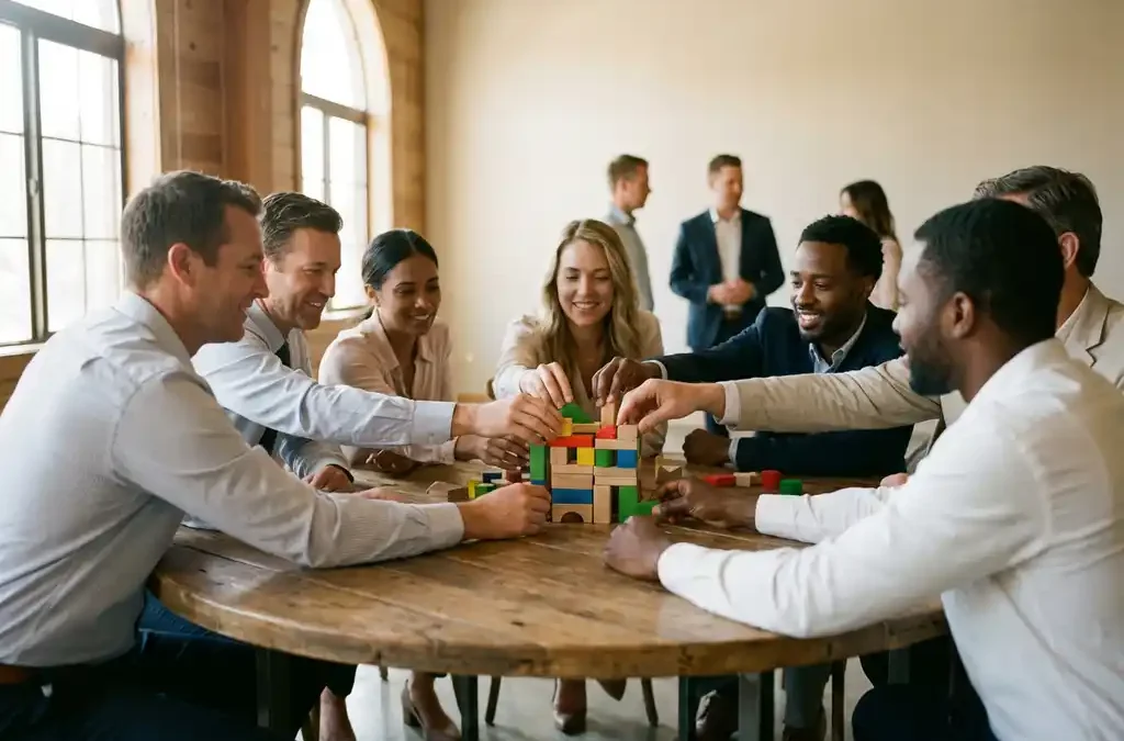 Diverse professionals werken samen aan kleurrijke puzzelstukken rond houten tafel in moderne conferentiezaal