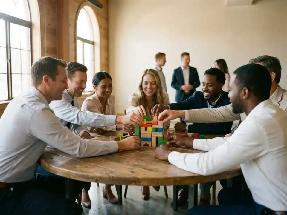 Diverse professionals werken samen aan kleurrijke puzzelstukken rond houten tafel in moderne conferentiezaal