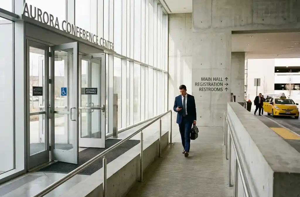 Moderne conferentiecentrum ingang met glazen deuren, toegankelijkheidshellingbaan en zakenman met smartphone