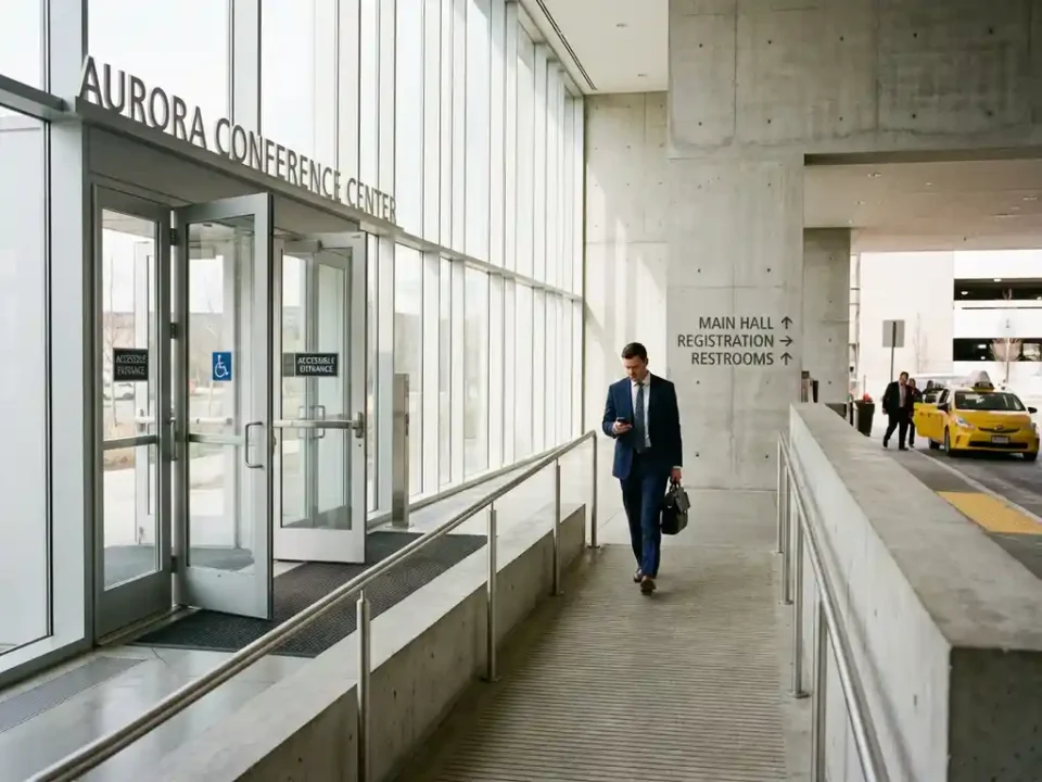 Moderne conferentiecentrum ingang met glazen deuren, toegankelijkheidshellingbaan en zakenman met smartphone