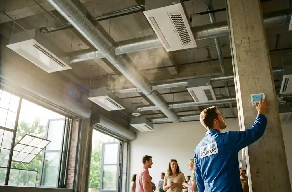 HVAC-technicus past klimaatpaneel aan in evenementenhal met moderne ventilatie en natuurlijk licht door ramen