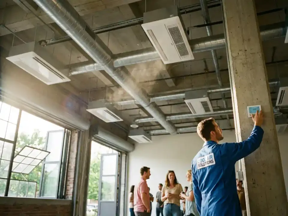 HVAC-technicus past klimaatpaneel aan in evenementenhal met moderne ventilatie en natuurlijk licht door ramen