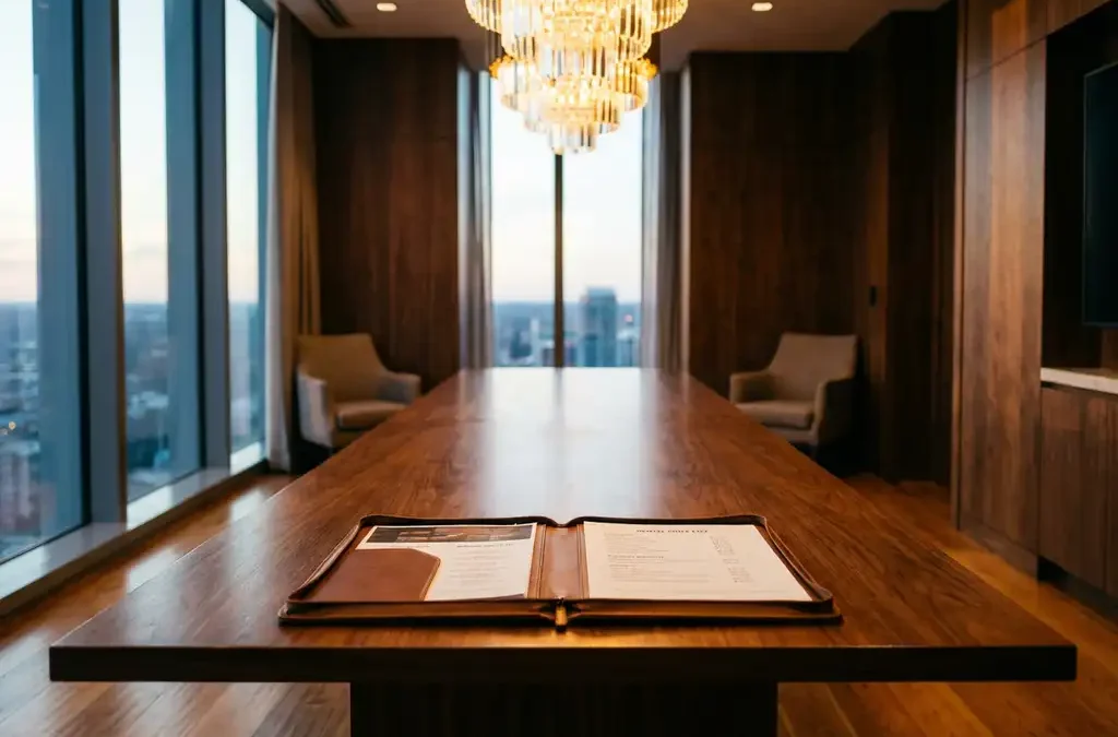 Open leren portfolio met huurprijsdocumenten op mahonie tafel in moderne vergaderruimte met kristallen kroonluchter