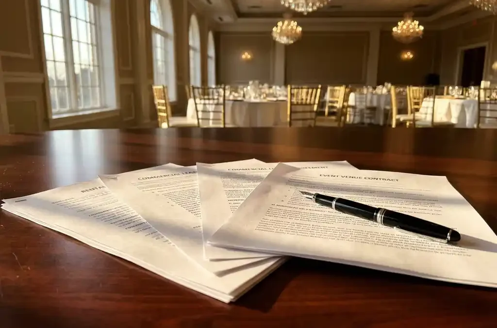 Stapel huurcontracten en documenten op houten vergadertafel met pen, elegant evenementenlocatie op achtergrond