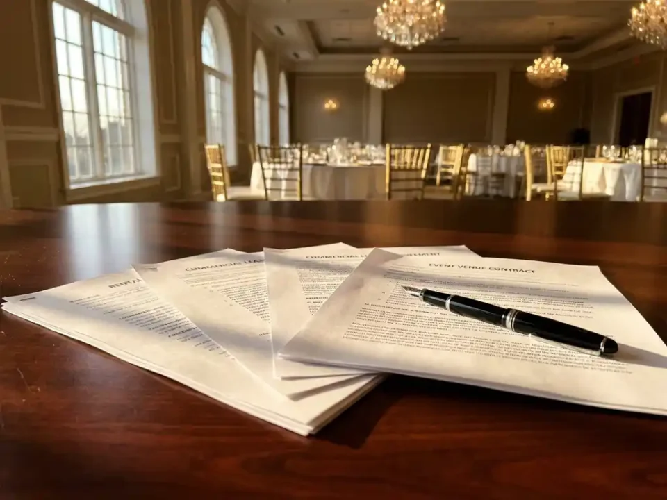 Stapel huurcontracten en documenten op houten vergadertafel met pen, elegant evenementenlocatie op achtergrond