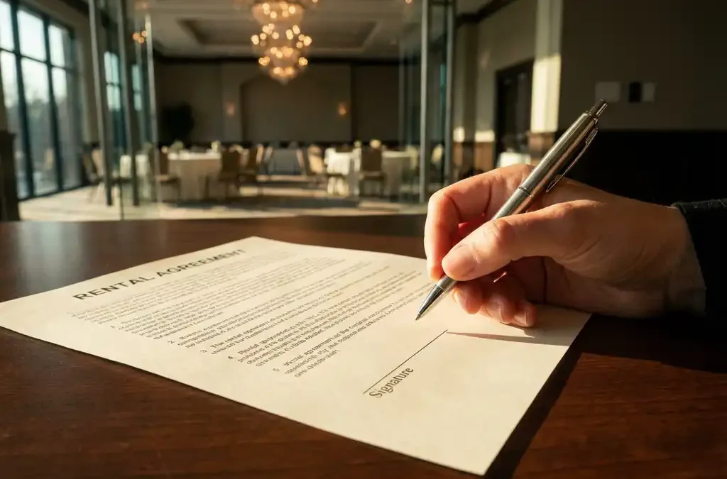 Zakenvrouw houdt pen boven huurcontract op mahonie bureau, evenementenlocatie zichtbaar op achtergrond