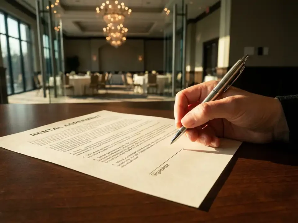 Zakenvrouw houdt pen boven huurcontract op mahonie bureau, evenementenlocatie zichtbaar op achtergrond