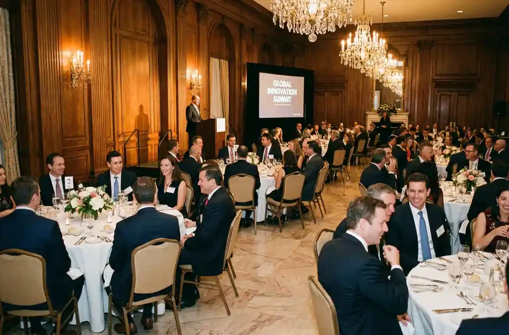 Zakelijke netwerkbijeenkomst in elegante evenementenlocatie met professionals aan ronde tafels en spreker bij podium