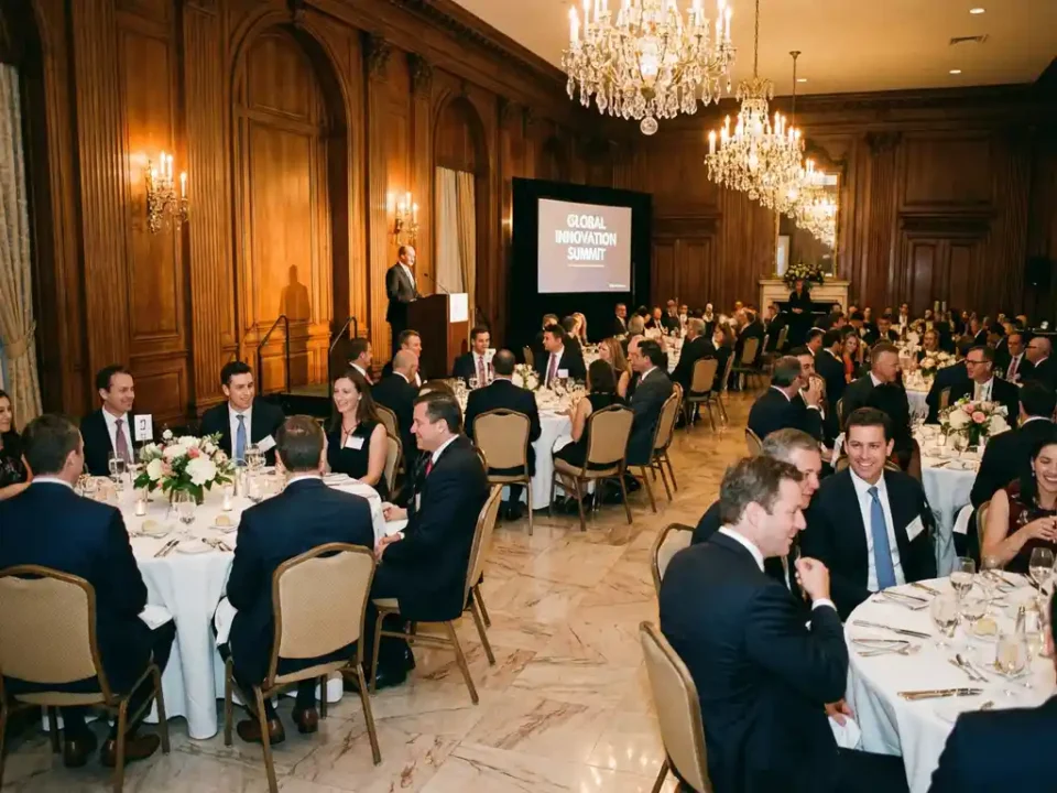 Zakelijke netwerkbijeenkomst in elegante evenementenlocatie met professionals aan ronde tafels en spreker bij podium