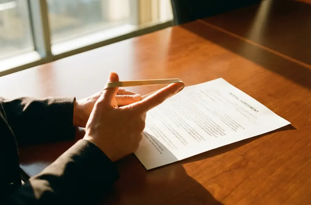 Zakenvrouw houdt elastiek boven huurcontract op houten vergadertafel, contrast tussen flexibiliteit en formaliteit