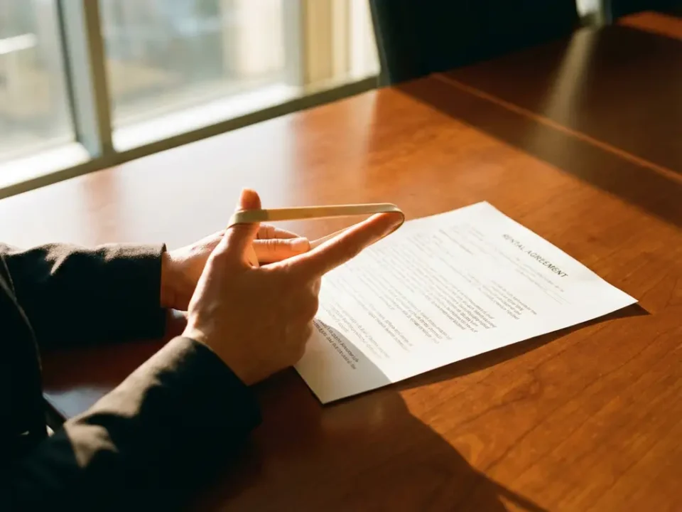 Zakenvrouw houdt elastiek boven huurcontract op houten vergadertafel, contrast tussen flexibiliteit en formaliteit