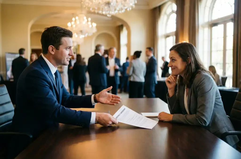Twee zakenmensen aan conferentietafel tijdens contractonderhandeling in elegante evenementenhal met kroonluchter