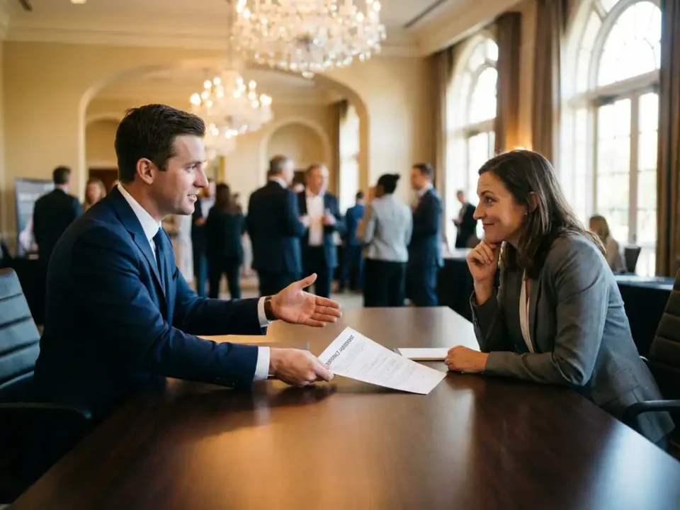 Twee zakenmensen aan conferentietafel tijdens contractonderhandeling in elegante evenementenhal met kroonluchter