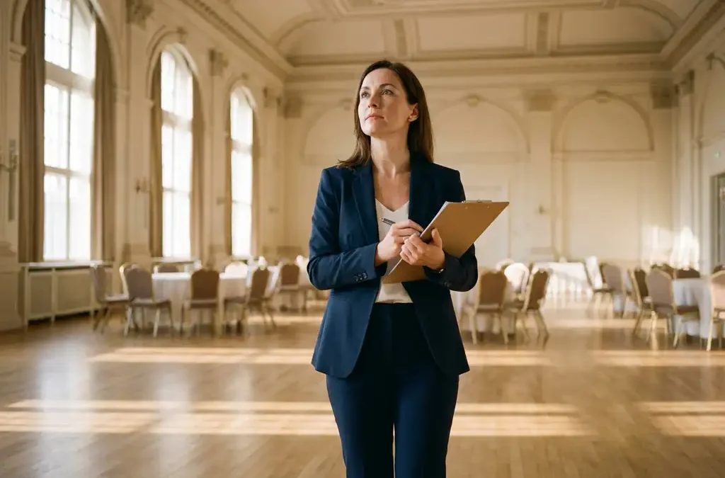 Professionele vrouw met checklist evalueert lege evenementenhal met ronde tafels en natuurlijk licht