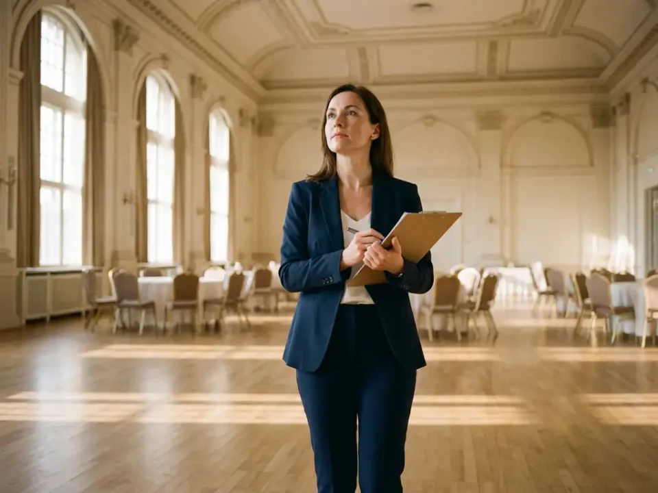 Professionele vrouw met checklist evalueert lege evenementenhal met ronde tafels en natuurlijk licht