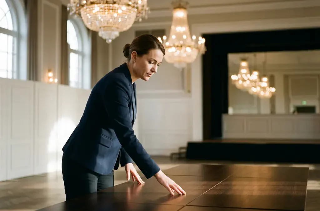 Professionele vrouw in zakelijke kleding inspecteert evenementenlocatie, hand op houten tafel, kristallen kroonluchters