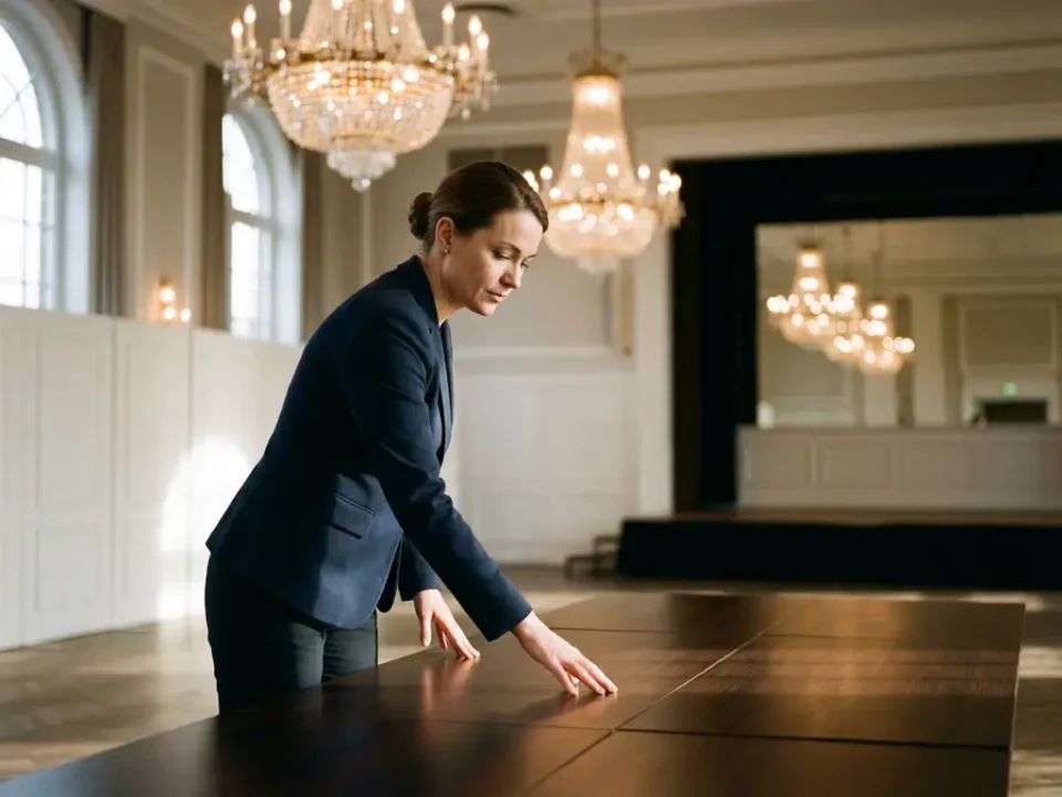 Professionele vrouw in zakelijke kleding inspecteert evenementenlocatie, hand op houten tafel, kristallen kroonluchters